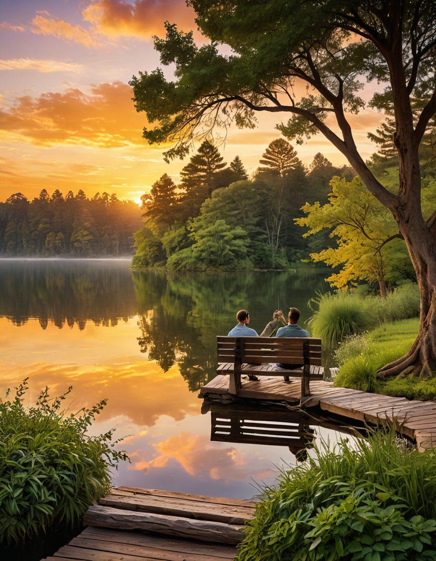 A serene landscape depicting a couple sitting on a bench overlooking a tranquil lake, framed by lush green trees. They are looking at a sunset reflecting golden hues on the water, symbolizing peace and stability. Surround the scene with soft icons representing insurance coverage like a shield, heart, and home. Emphasize warm colors and an inviting atmosphere. super-realistic. vibrant colors. calming background.