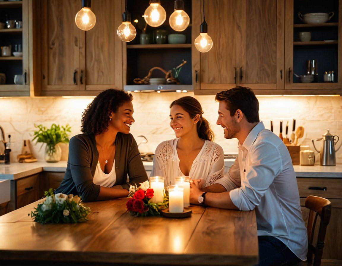 A cozy home setting featuring a couple discussing their insurance options at a kitchen table, surrounded by romantic decorations like candles and flowers. In the background, visual milestones of their relationship are depicted, such as engagement rings and wedding photos. The atmosphere is warm and inviting, symbolizing love and financial security. soft lighting. vibrant colors. super-realistic.