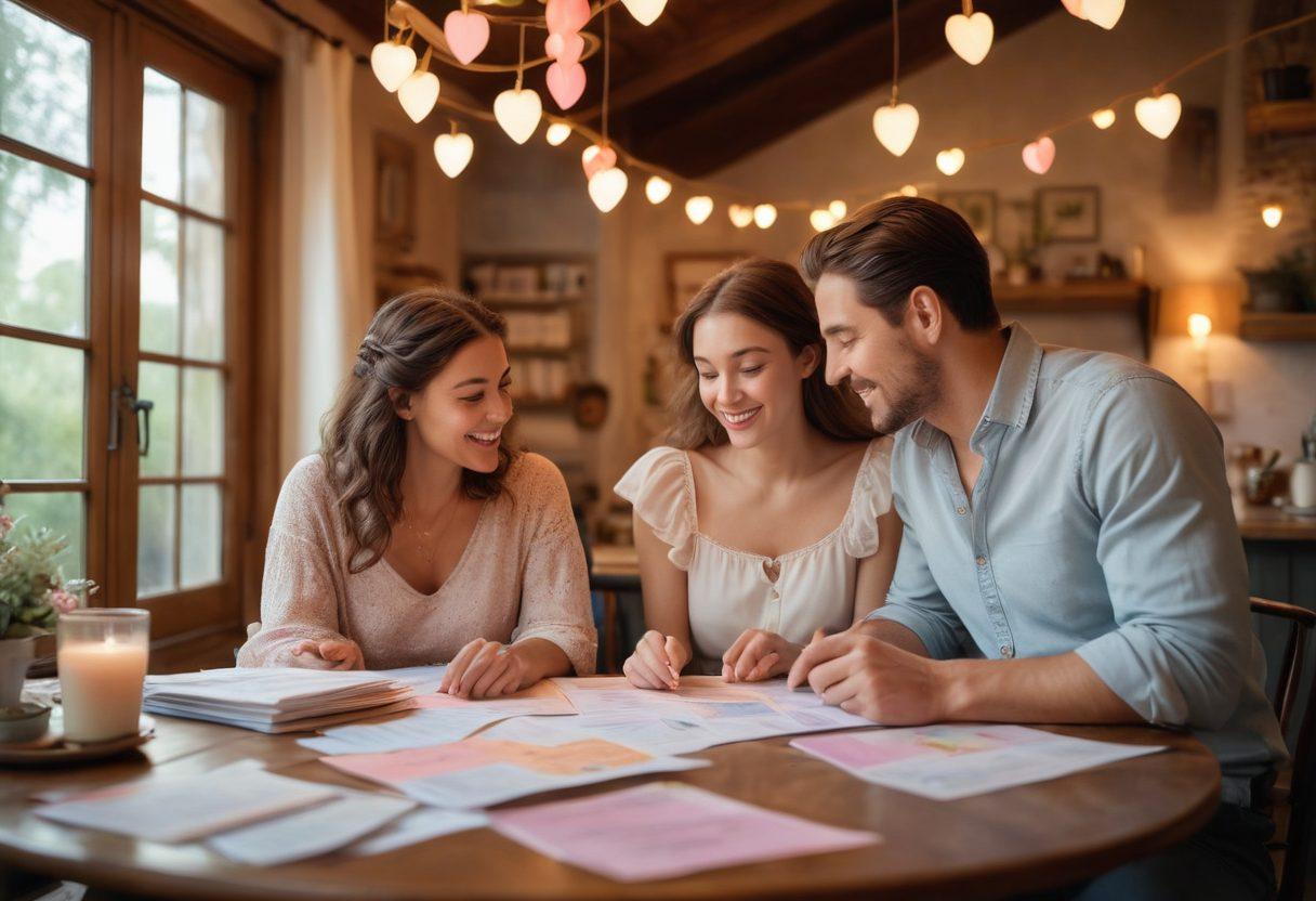 A romantic couple sitting at a cozy cafe, sharing a joyful moment with insurance papers on the table, surrounded by floating hearts and whimsical details representing different life stages like a baby carriage, a house, and a vacation setting. The warm atmosphere symbolizes love and security. pastel colors. soft focus.